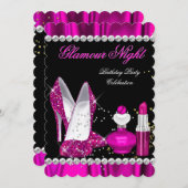 グリッターグラモールナイト深いピンク金ゴールドブラックパーティーb 招待状 (正面/裏面)
