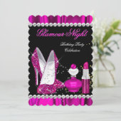 グリッターグラモールナイト深いピンク金ゴールドブラックパーティーb 招待状 (スタンド正面)