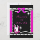 グリッターグラモールブラックホットピンクハイヒール誕生日 招待状 (正面)