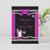 グリッターグラモールブラックホットピンクハイヒール誕生日 招待状 (スタンド正面)