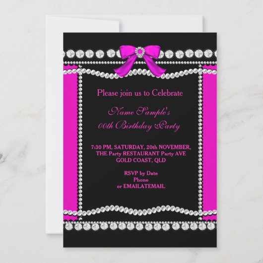 グリッターグラモールブラックホットピンクハイヒール誕生日 招待状 (裏面)