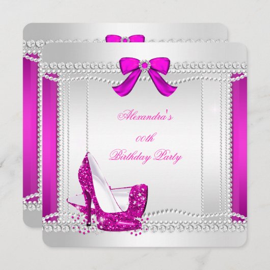 グリッターグラモールホットピンクハイヒールパールパーティー 招待状 (正面/裏面)