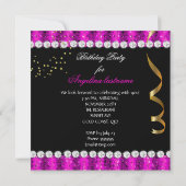 グリッターグラモールホットピンク金ゴールドブラック誕生日 招待状 (裏面)