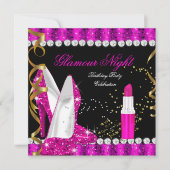 グリッターグラモールホットピンク金ゴールドブラック誕生日 招待状 (正面)