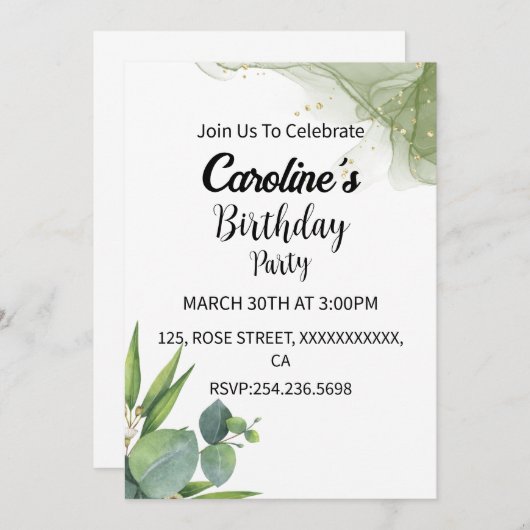 グリッターグリーンとグレーの花の誕生日 招待状 (正面/裏面)