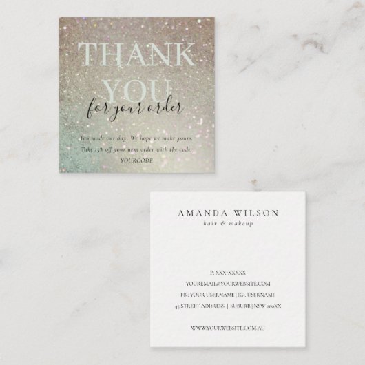 グリッターグリーンピンクアクア光沢ありがとうご注文 スクエア名刺 (正面/裏面)