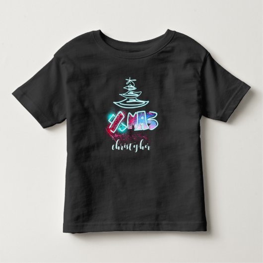 グリッターグローツリーブルー&レッドクリスマスタイポグラフィ トドラーTシャツ (正面)