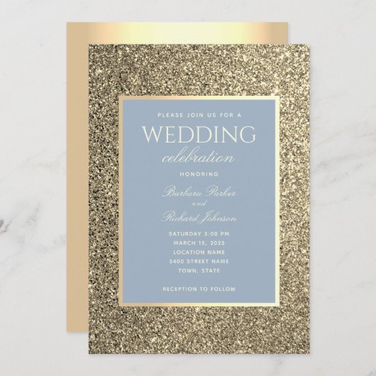 グリッターゴールド・アンド・ダスティーブルー結婚式招待状 招待状 (正面/裏面)