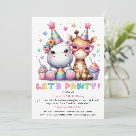 グリッターサファリバースデーパーティーかわいいキリン&ヒッポ 招待状 (スタンド正面)