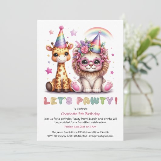 グリッターサファリバースデーパーティーかわいいライオン&キリン 招待状 (スタンド正面)