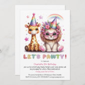 グリッターサファリバースデーパーティーかわいいライオン&キリン 招待状 (正面/裏面)