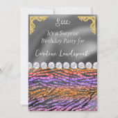 グリッターサプライズ誕生日パープルオレンジゼブラ 招待状 (正面)