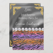 グリッターサプライズ誕生日パープルオレンジゼブラ 招待状 (正面/裏面)