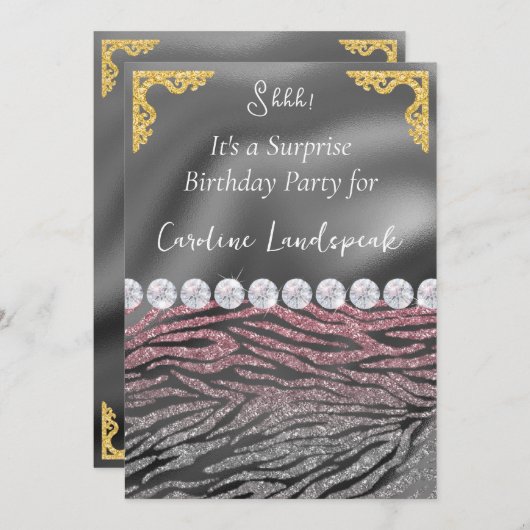 グリッターサプライズ誕生日ピンクシルバーゼブラプリント 招待状 (正面/裏面)