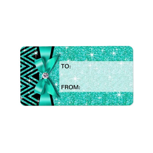 グリッターシェブロンきらきら光るダイヤモンドボウ |ティール(緑がかった色) ラベル (正面)