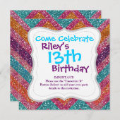 グリッターシェブロンピンクパープルオレンジティール（緑がかった色） 招待状 (正面/裏面)