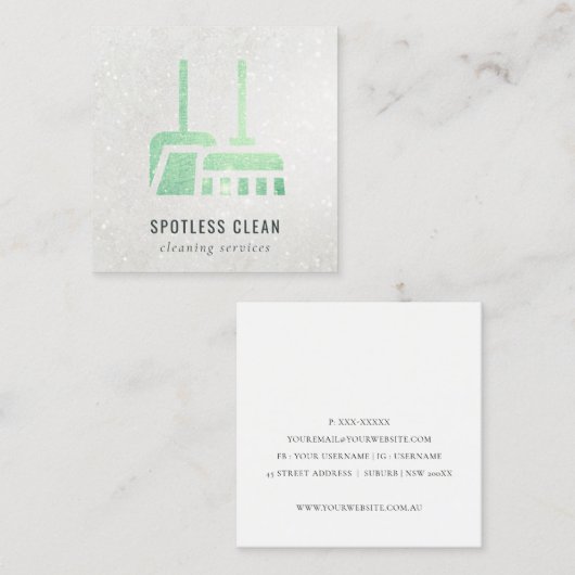 グリッターシャイニーネオングリーン箒掃除サービス スクエア名刺 (正面/裏面)