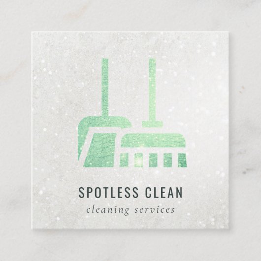 グリッターシャイニーネオングリーン箒掃除サービス スクエア名刺 (正面)