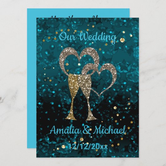 グリッターシャインシークイングラスシャンパンハートパーズ 招待状 (正面/裏面)