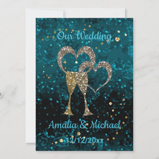 グリッターシャインシークイングラスシャンパンハートパーズ 招待状 (正面)