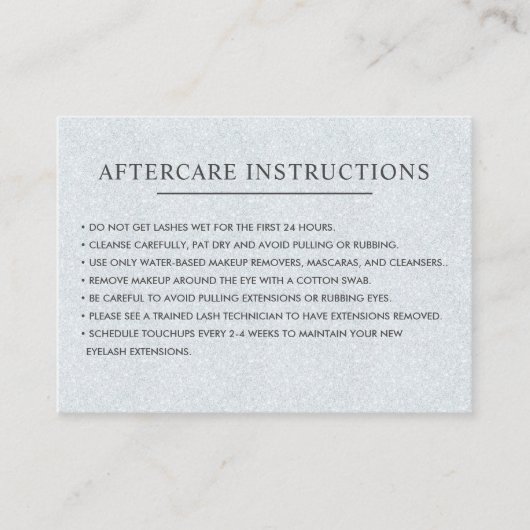 グリッターシルバーのまつげ眉のアフターケアの指示 名刺 (正面)
