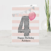 グリッターシルバーアンドピンク4歳の誕生日 カード (正面)