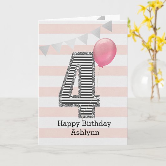 グリッターシルバーアンドピンク4歳の誕生日 カード (黄色い花)