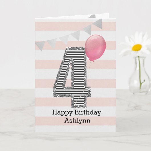 グリッターシルバーアンドピンク4歳の誕生日 カード (小さな植物)