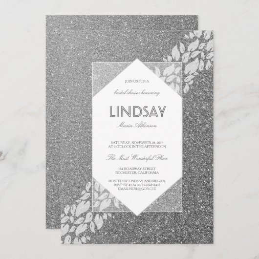グリッターシルバーエレガントヴィンテージファブブライダルシャワー 招待状 (正面/裏面)