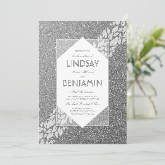 グリッターシルバーエレガントヴィンテージ結婚ファブ 招待状 (スタンド正面)