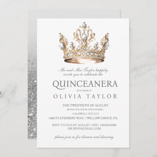 グリッターシルバークラウンキンセアニェラ誕生日 招待状 (正面/裏面)