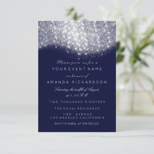 グリッターシルバーグレーホワイトブルーネイビーホワイトエレガント 招待状 (スタンド正面)