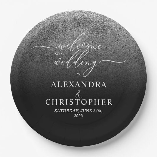 グリッターシルバースパークルへようこそ結婚のセット ペーパープレート (正面)