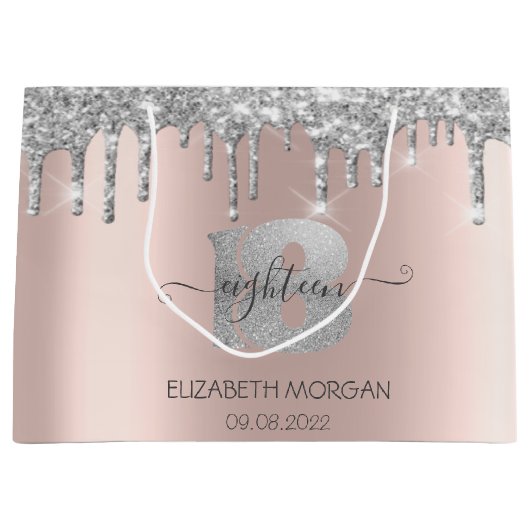 グリッターシルバードリップバラ金ゴールド18誕生日 ラージペーパーバッグ (正面)