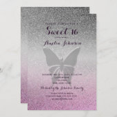 グリッターシルバーピンクスウィート16誕生日 招待状 (正面/裏面)