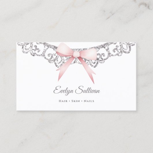 グリッターシルバーフレームピンクボウ名刺 名刺 (正面)