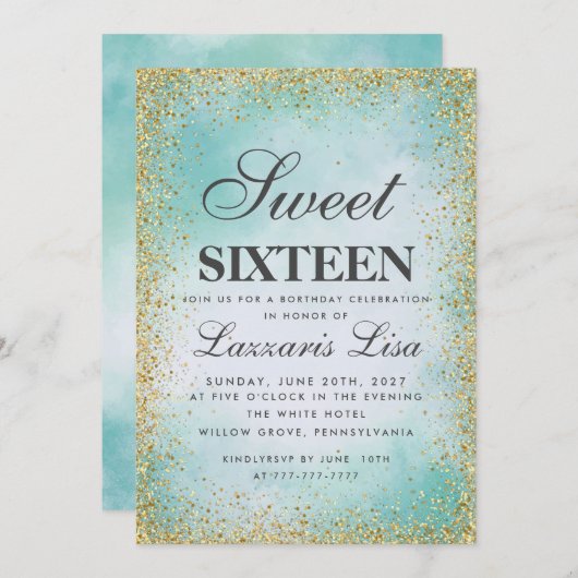 グリッタースイート16ターコイズ水カラー誕生日 招待状 (正面/裏面)