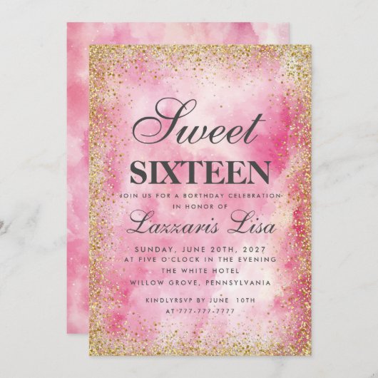 グリッタースイート16ピンクの水色誕生日 招待状 (正面/裏面)