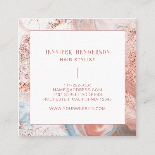 グリッタースタイリッシュマーブルピンクローズ金ゴールド美容師 スクエア名刺 (裏面)
