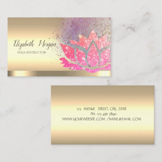 グリッタースタイリッシュロータスフラワー金ゴールドヨガインストラクター 名刺 (正面/裏面)
