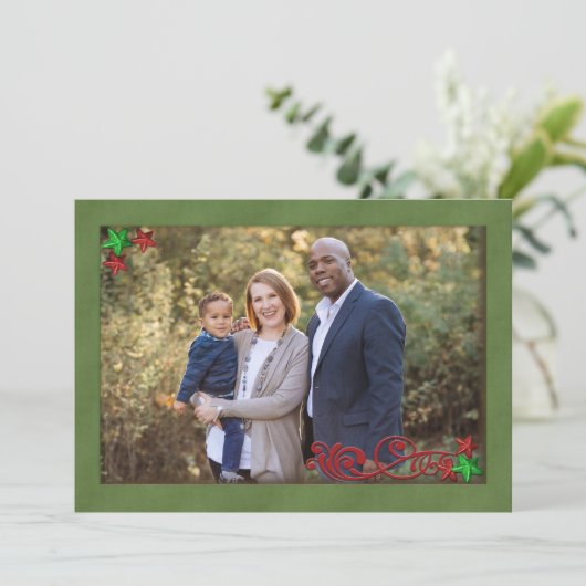 グリッタースターと緑の枠のクリスマスフォト シーズンカード (スタンド正面)