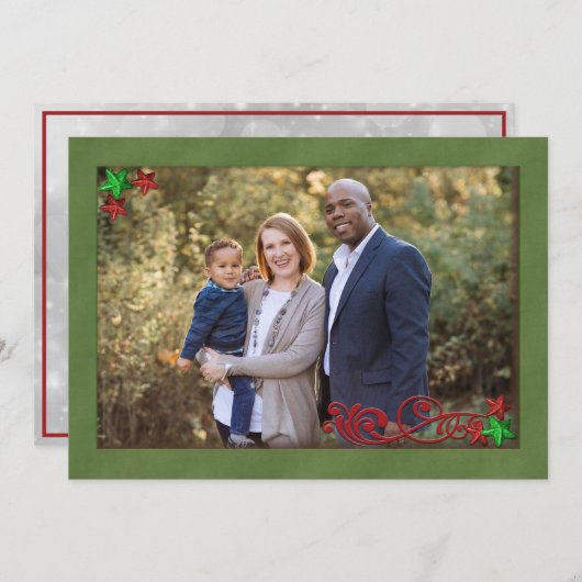 グリッタースターと緑の枠のクリスマスフォト シーズンカード (正面/裏面)