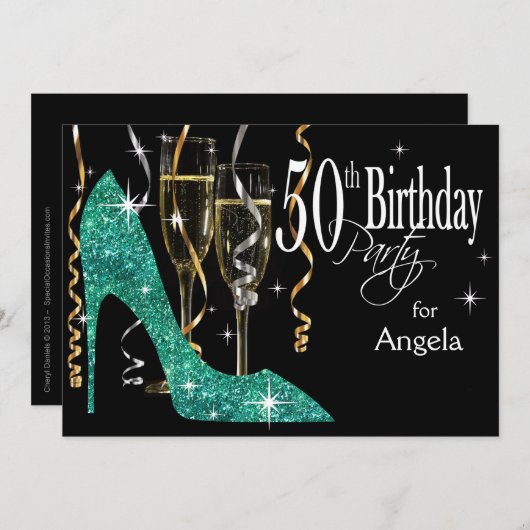 グリッタースティレットシャンパーニュ50th誕生日ティール（緑がかった色） 招待状 (正面/裏面)