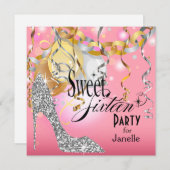 グリッタースティレットスウィート16パーティー | ピンクシルバー 招待状 (正面/裏面)