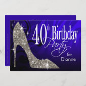 グリッタースティレットゼブラ40th誕生日ブルーシルバー 招待状 (正面/裏面)