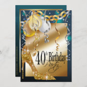 グリッタースティレットバルーン21歳誕生日ティール(緑がかった色) 招待状 (正面/裏面)