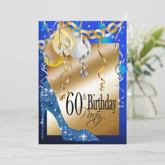 グリッタースティレットバルーン60番目の誕生日青 招待状 (スタンド正面)