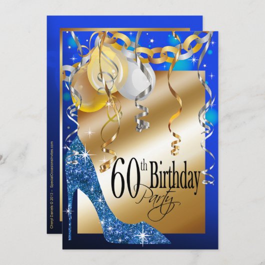グリッタースティレットバルーン60番目の誕生日青 招待状 (正面/裏面)