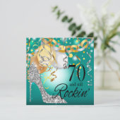グリッタースティレット70誕生日 |ティール（緑がかった色）銀 招待状 (スタンド正面)