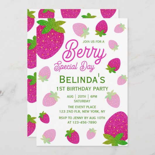 グリッターストロベリースペシャルデー1st誕生日 招待状 (正面/裏面)